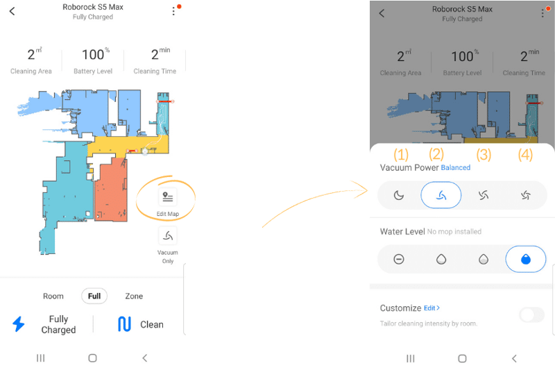 Selecting the different power modes in the Roborock S6 MaxV mobile app.